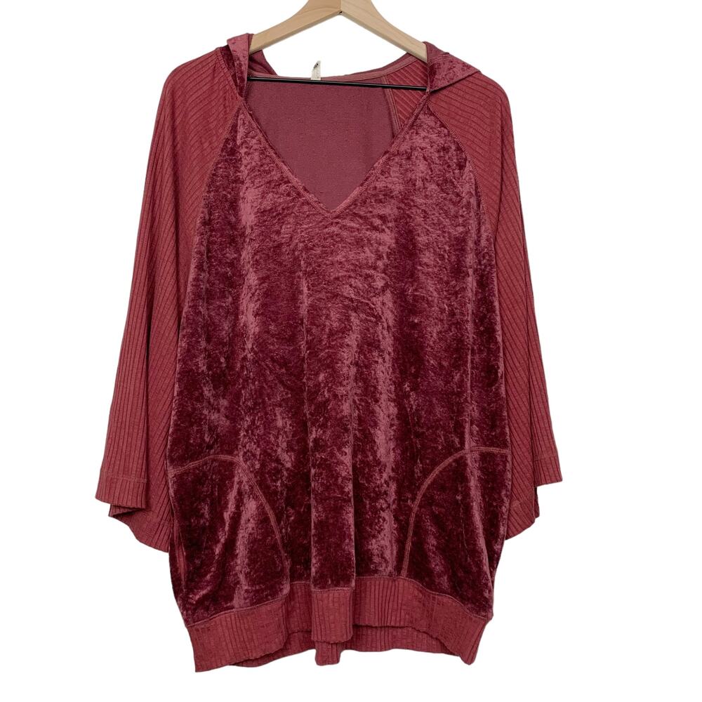 Free People Go Softly Velvet Hoodie Sweater Medium Mauve Maroon Oversized Boho